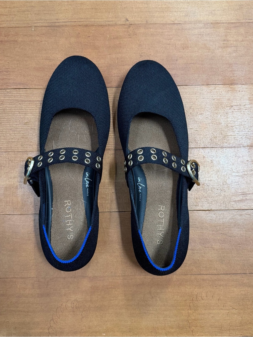 Rothy's Black Mary Jane Flats with Gold Eyelet Strap